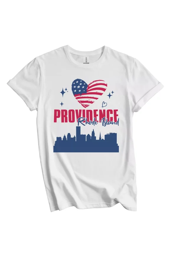 Providence Rhode Island Skyline American Flag Heart 4th of July T-Shirt Gift for Men Women Unisex Tee, Vintage Birthday Gift