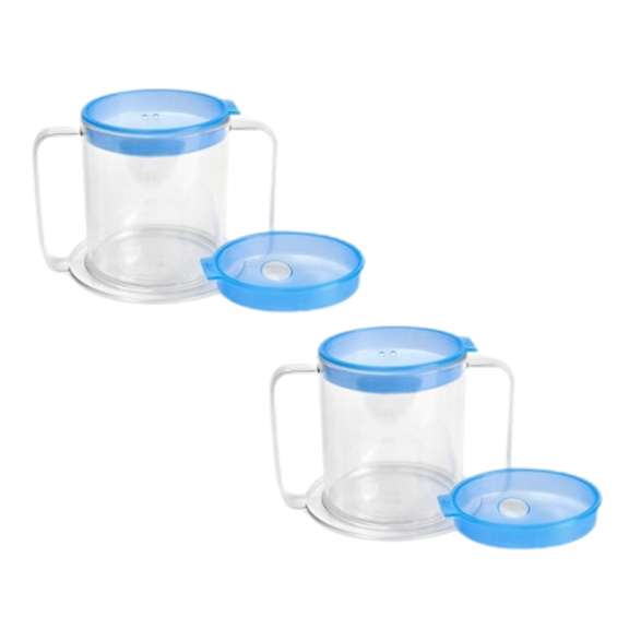 Providence Spillproof 2 HANDLE Clear Mug With 1 Thick Liquid BLUE Lid, 2 Pack