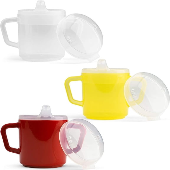 Providence Spillproof Compact 8 oz Adult Sippy Cup w/ 2 Handles, Set of Clear, Yellow, and Red