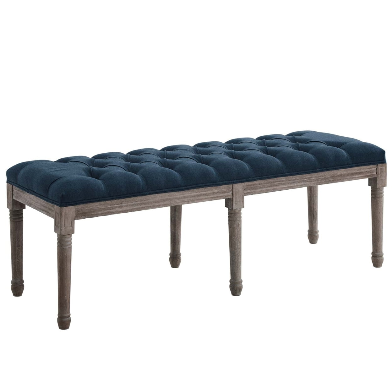 Navy French Vintage Upholstered Fabric Bench with Wood Legs