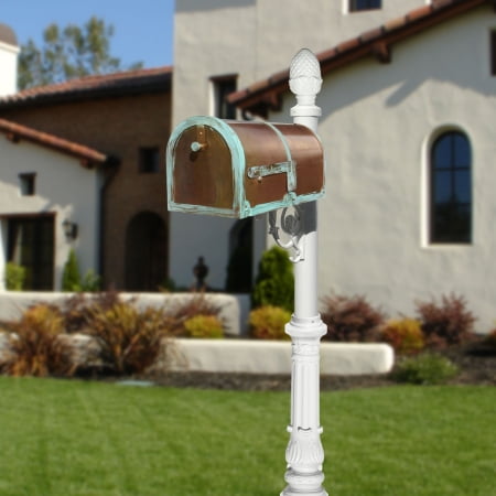 QualArc MB-3000-PAT-LP703-WHT Provincial Collection Brass Mailbox in Antique Brass Patina with decorative Lewiston post, No.7 Ornate base and No.3 Pineapple finial in White