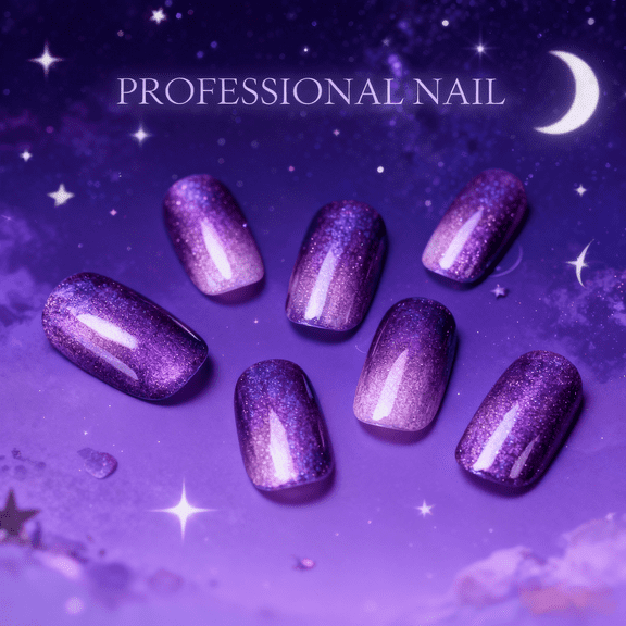 Squoval Short Provocative Purple Starry Cat's Eye Press-on Nails Inspired by Ancient Cultures Liquid Texture Fit for Ladies 10pcs M