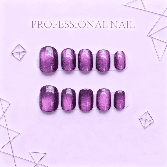 Provocative Purple Starry Cat's Eye Short Press On Nails for Women Inspired by Ancient Cultures Liquid Texture Fit for Ladies French Tip Long Lasting
