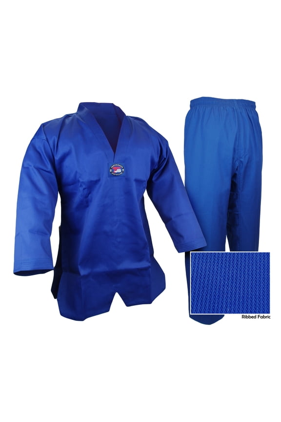 V-Neck Taekwondo Ribbed Cotton/Poly Fabric Blue TKD Gi Uniform