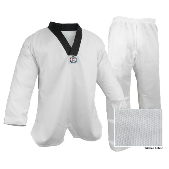 Prowin V-Neck Taekwondo Ribbed Cotton/Poly Fabric White/Black TKD Gi Uniform