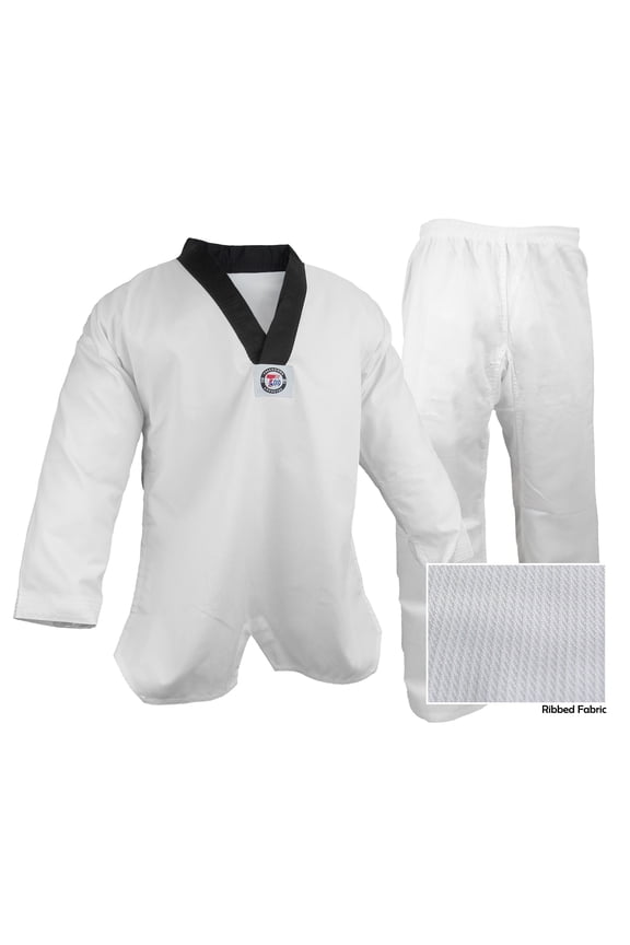 V-Neck Taekwondo Ribbed Cotton/Poly Fabric White/Black TKD Gi Uniform
