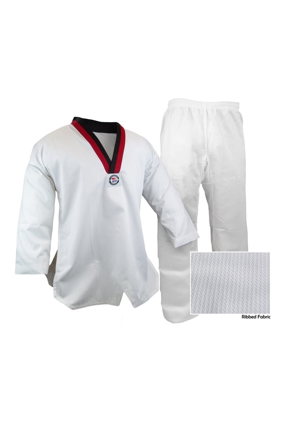 V-Neck Taekwondo Ribbed Cotton/Poly Fabric White/Poom TKD Gi Uniform