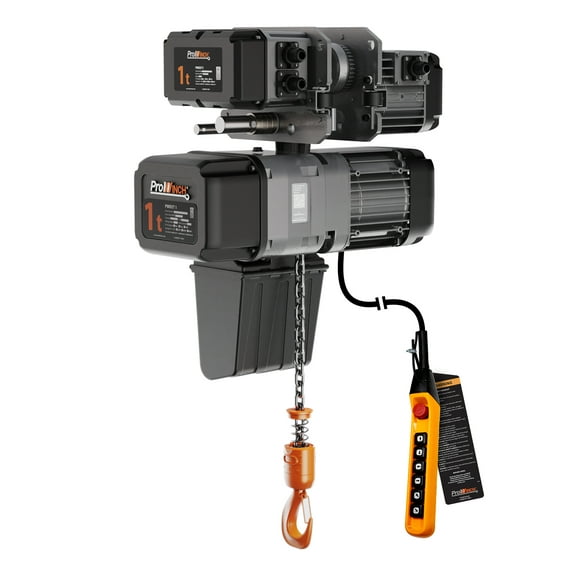 Prowinch 1 Ton Electric Chain Hoist with Power Trolley, Single Speed Operation, Dual Voltage 208~240V / 440~480V, 3-Phase 60Hz, 20ft G100 Nickel-Plated Chain, Heavy-Duty