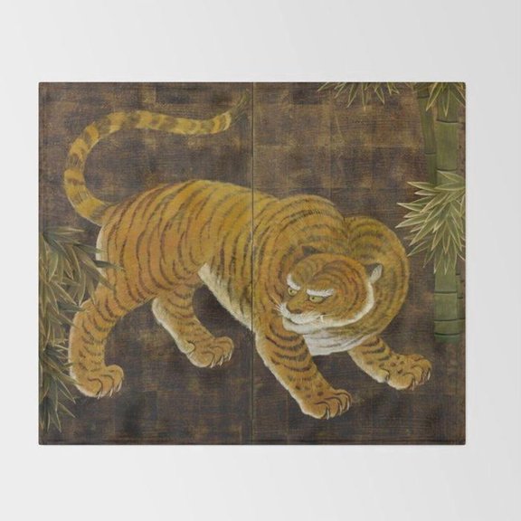 Prowling Tiger and Bamboo Fleece Blanket, Golden Orange and Dark Brown, Polyester Fleece, 280 GSM