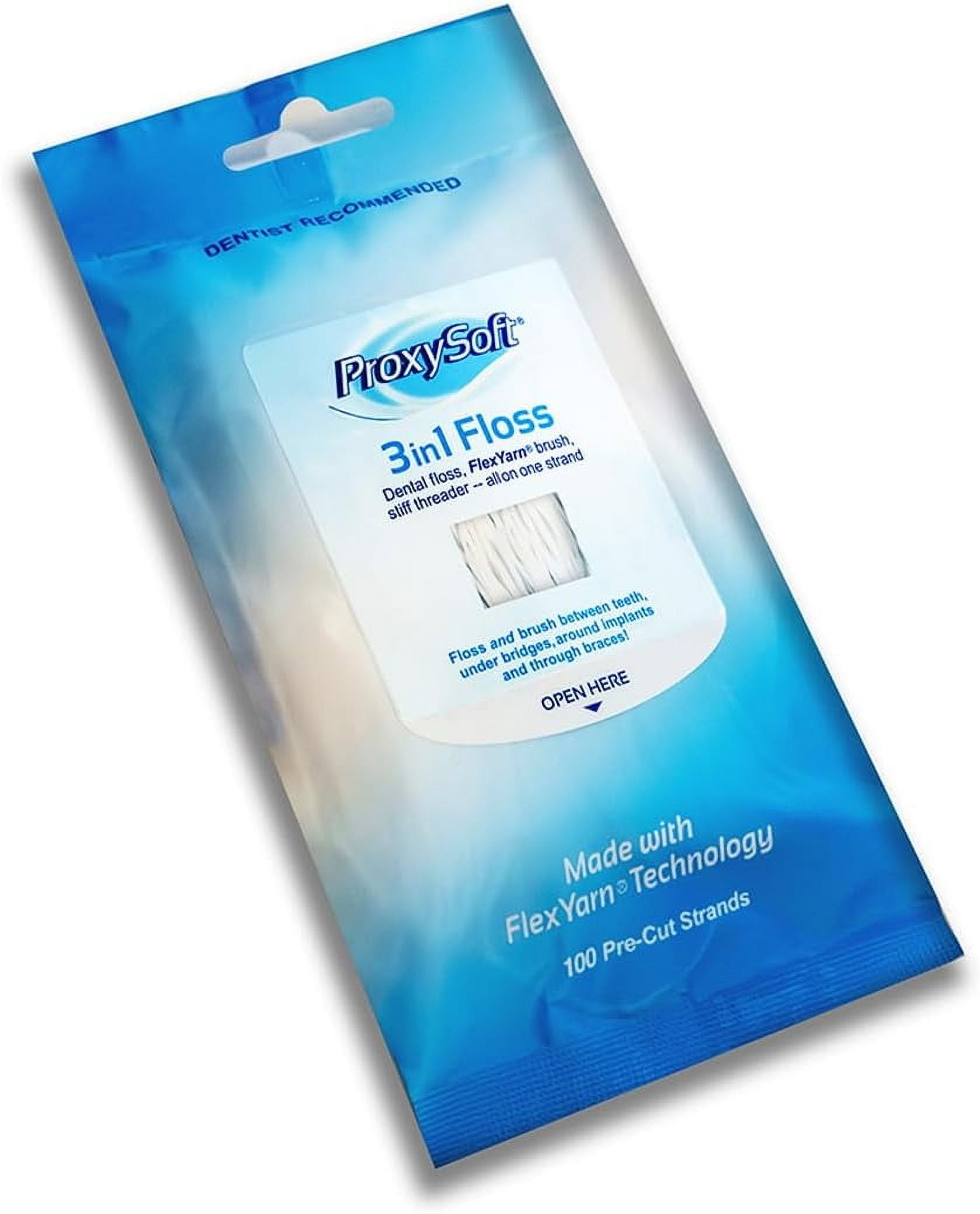 ProxySoft 3-in-1 Dental Floss for Optimal Teeth Flossing- 100-count Pre-Cut Ortho Floss Threaders for Braces, Tight Spaces, Bridges