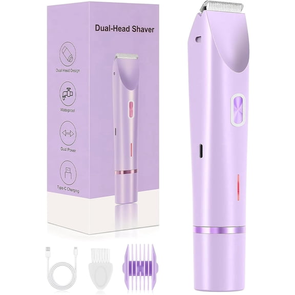 Prozing Bikini Trimmer for Women, 2-in-1 Painless Dual Head Shaver Women with Painless Ceramic Blades, Waterproof Electric Razors for Body & Face