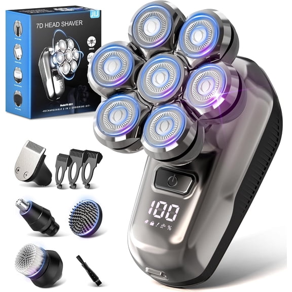 Prozing Head Shavers for Bald Men - 5-in-1 Electric Head Shaver Grooming Kit, 7D Floating Wet/Dry Electric Razor for Bald Heads with LED Smart Display, Turbo Speed & Type-C Charging (2000mAh)