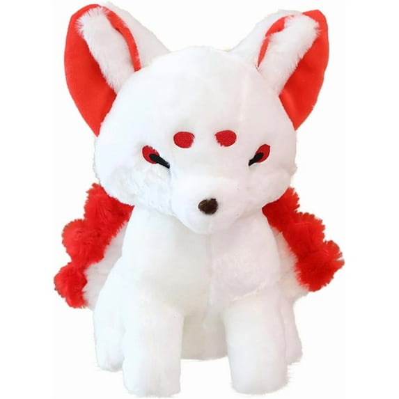 Pruboru Kitsune Plush, Lifelike Nine-Tailed Fox Stuffed Animals Toy Realistic Red Fox Plush Toy Cute Kyuubi Kitsune Plushie Dolls Gifts for Kids/14.9''x11.8''x7.8'' (Red)