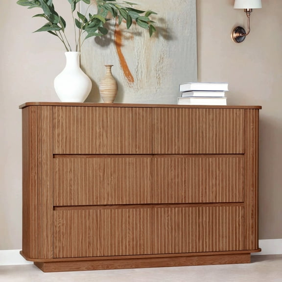 Putuo Decor Fluted 6 Drawer Dresser, 47.2" Wide Modern Chest for Bedroom, Closet, Walnut