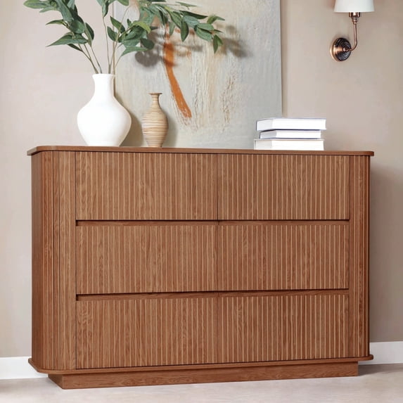 Putuo Decor Fluted 6 Drawer Dresser, 47.2" Wide Modern Chest for Bedroom, Closet, Walnut