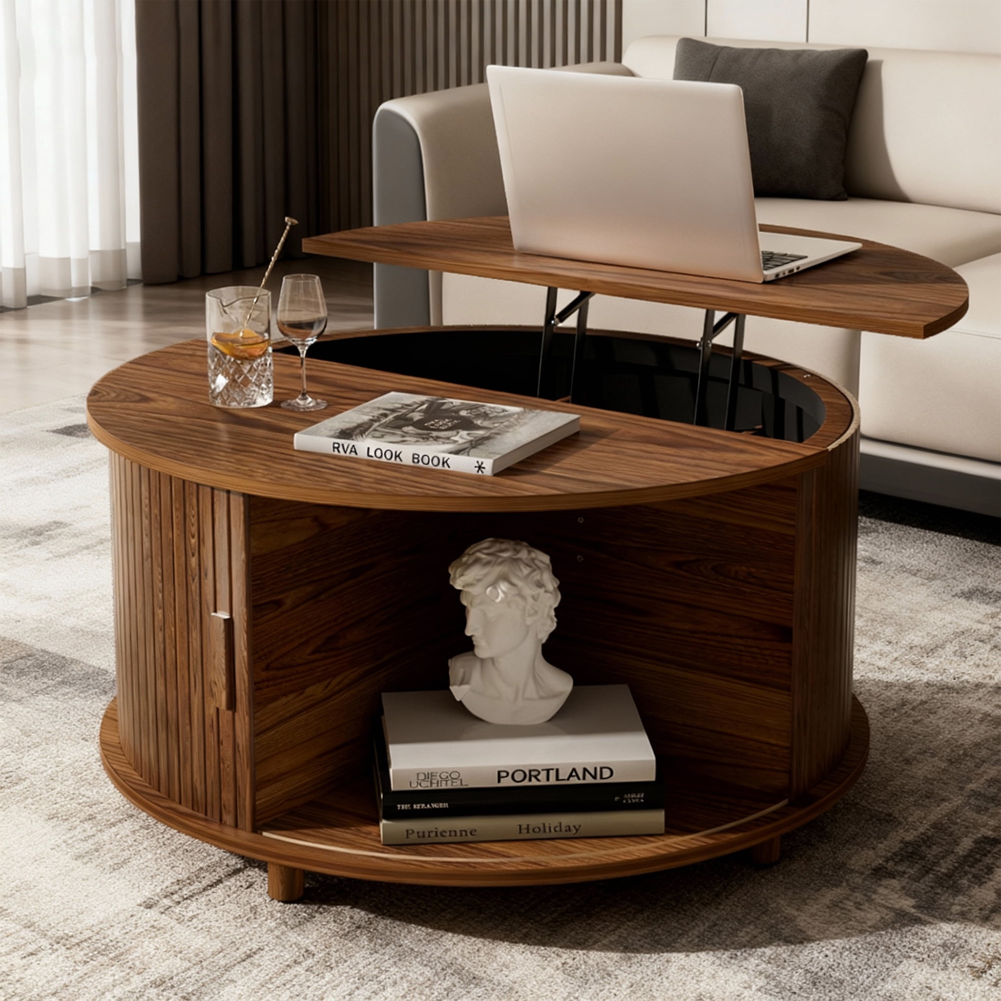 Putuo Decor Round Lift Top Coffee Table with Storage, Fluted Wood Tambour Door, Walnut