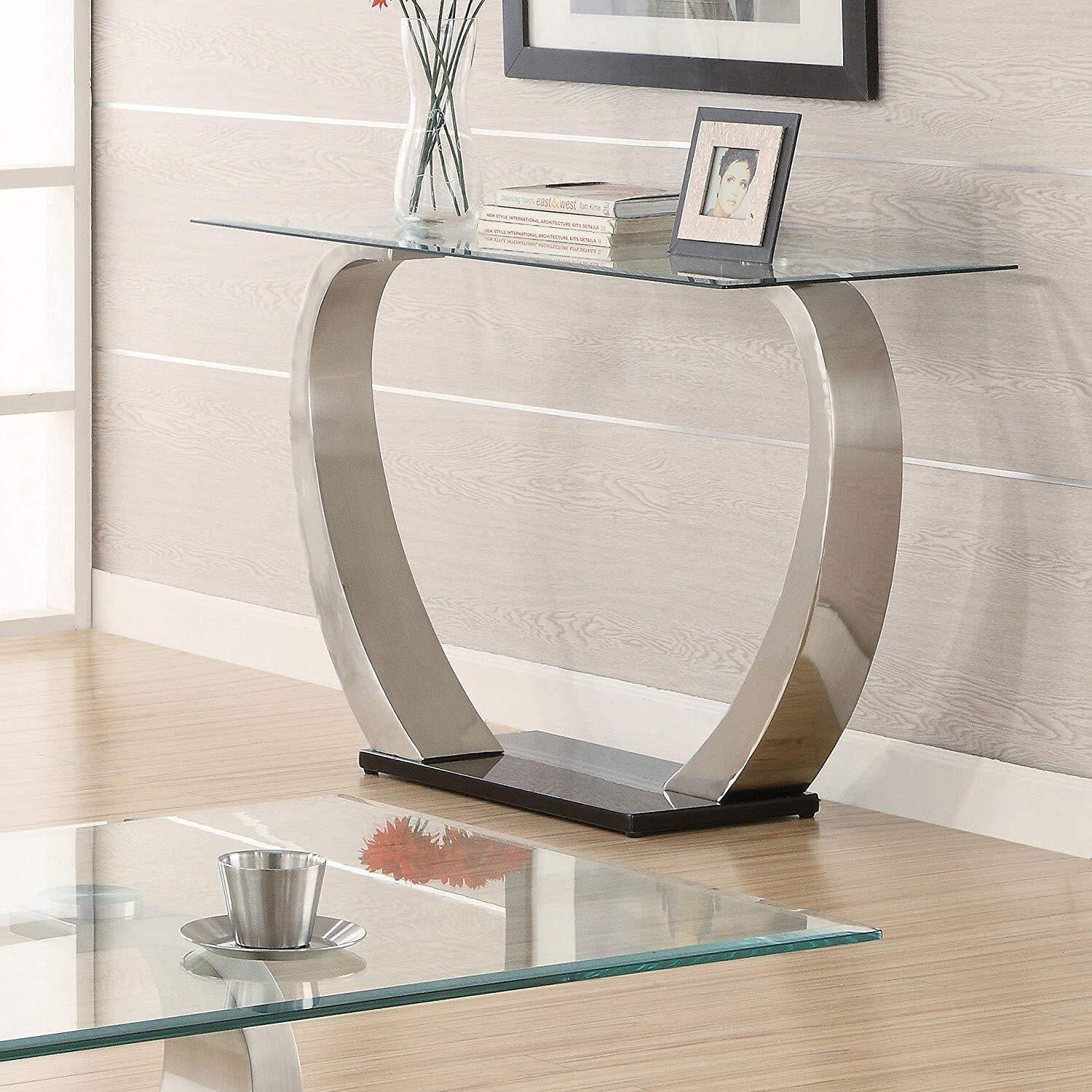 Modern Satin Metal and Glass Sofa Table with Storage