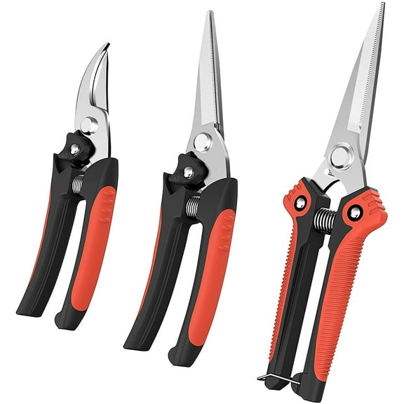 Pruning Shears, 3PCS Gardening Pruning Scissors Set, Heavy Duty Stainless Steel Branch Hand Pruner Secateurs, Picking Shears, Branch Cutter Clippers Tree Trimmers Scissors Kit, Black and Red