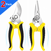 Pruning Shears for Gardening, 2 Pack Stainless Steel Garden Shears Set with Curved Bypass Pruner & Straight Blade Garden Clippers, Spring-Loaded Plant Clippers with Safety Lock for Flowers-Yellow