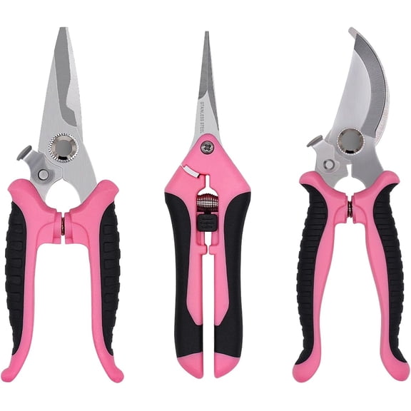 Pruning Shears Gardening Scissors Tools: 3pcs Outdoors&Indoor Garden Clippers, Rose Snips, Plant Clippers, Wood Pruner, Gardener Work Accessories for Flower Arrangement, Yard Landscaping (Pink)