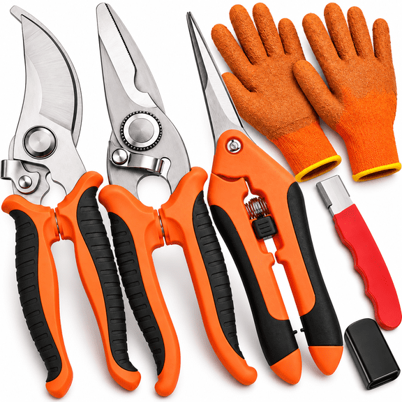 GAZILY® 5 Pack Pruning Shears Set with Gardening Gloves & Sharpener, Stainless Steel Garden Shears with Safety Lock for Flowers, Herbs, Bonsai & Houseplants, Orange