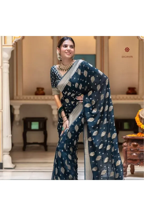 Prussian Blue Woven Banarasi Georgette Saree