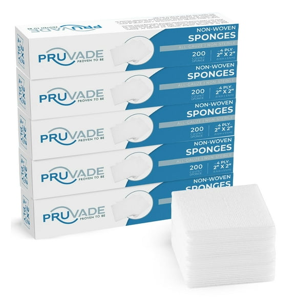 Pruvade 1000 Count Gauze Pads - Soft 2"x2" Non-Woven 4-Ply | All-Purpose Non-Sterile Dental Gauze Pads - Absorbent Gauze Sponges for First Aid Kit, Makeup-Removal, Skin Cleansing - 5 Packs of 200
