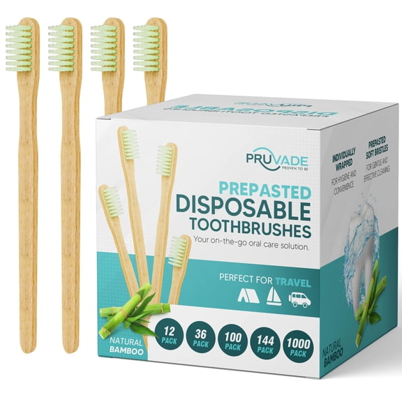 Pruvade 12 Pack Disposable Bamboo Toothbrushes with Toothpaste Built in - Prepasted Toothbrushes Individually Wrapped - Single Use Waterless Tooth Brush with Soft Bristles for Hotel, Camping, Travel