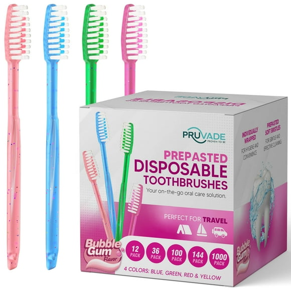 Pruvade 144 Pack Disposable Toothbrushes with Toothpaste Built in - Prepasted Toothbrushes Individually Wrapped - Single Use Waterless Tooth Brush with Soft Bristles - Bubblegum Flavor/Kids