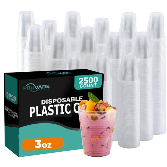 Pruvade [2500 Value Pack - 3oz Disposable Plastic Cups | Non-Slip and Sturdy Clear Drinking Cups, for Birthday Party, BBQ, Picnics, Events & Home Use, Bathroom Cup | 3 Ounce Case of 2500
