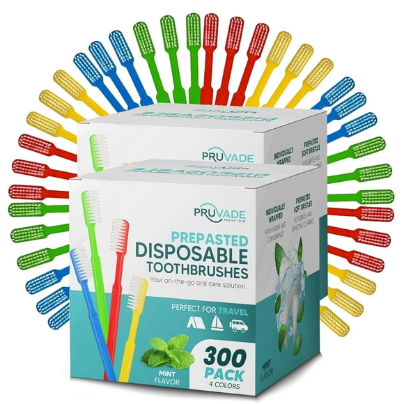 Pruvade 300 Pack Disposable Toothbrushes with Toothpaste, Built in | Prepasted Toothbrushes Individually Wrapped | Single Use Waterless Tooth Brush Soft Bristles for School, Hotel, Camping, Travel