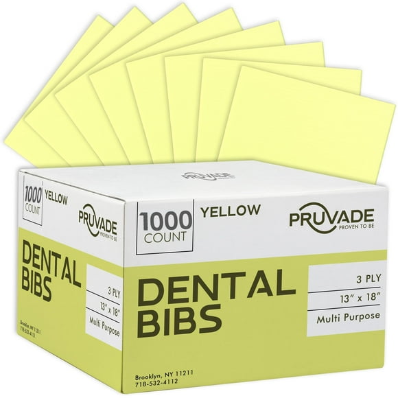 Pruvade Dental Bibs - 1000 Pack Adult Disposable Bibs for Dentist, Eating, Tattooing - 13" x 18" - 3-Ply Waterproof Medical Sheets for Piercing, Tattoo Table, Nail Techs, Patient Hygiene-Yellow