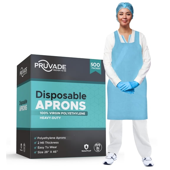 Pruvade Disposable Aprons | Case of 500 | Blue, 2 Mil Heavy-Weight, Knee-Length Plastic Aprons with Dispenser Box | 28”x 46” Tear-Resistant Poly Aprons | for Cooking, Food Service and Arts n' Crafts