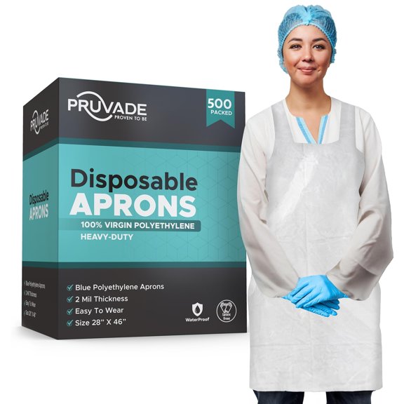 Pruvade Disposable Aprons | Case of 500 | White, 2 Mil Heavy-Weight, Knee-Length Plastic Aprons | 28”x 46” Tear-Resistant Plastic/Poly Aprons | for Cooking, Food Service and Arts n' Crafts