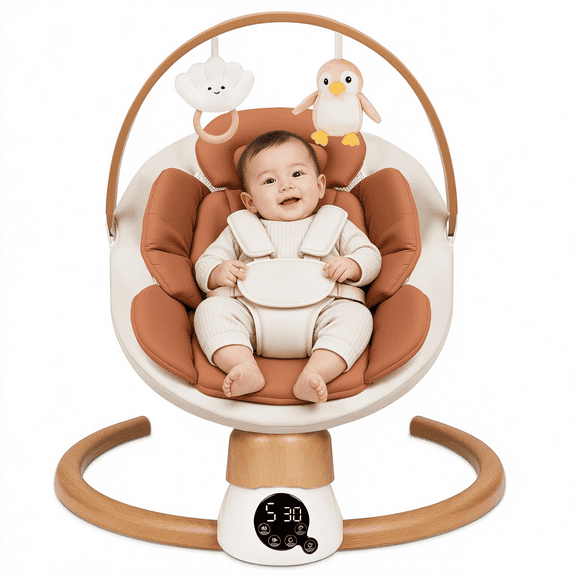 PRVAETU Baby Swing for Infants & Newborns 0-12 Months,Swing Rocker with 5 Speeds,3 Timers,10 Lullabies,5-Point Harness,Remote Control,Brown