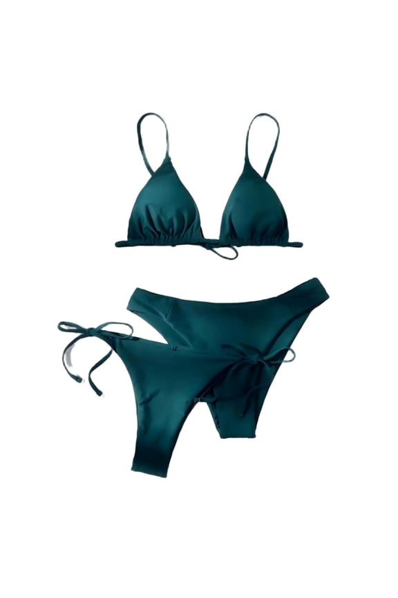 Women's 3 Piece V-Neck Bikini Set, Adjustable Strap Triangle Top with Tie Side Bottom,Army Green,S