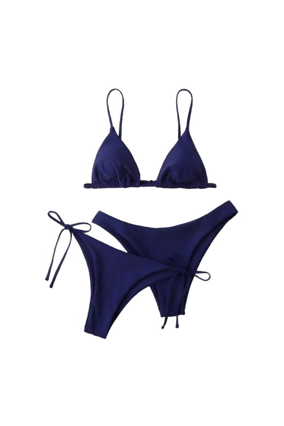 Women's 3 Piece V-Neck Bikini Set, Adjustable Strap Triangle Top with Tie Side Bottom,Navy,S