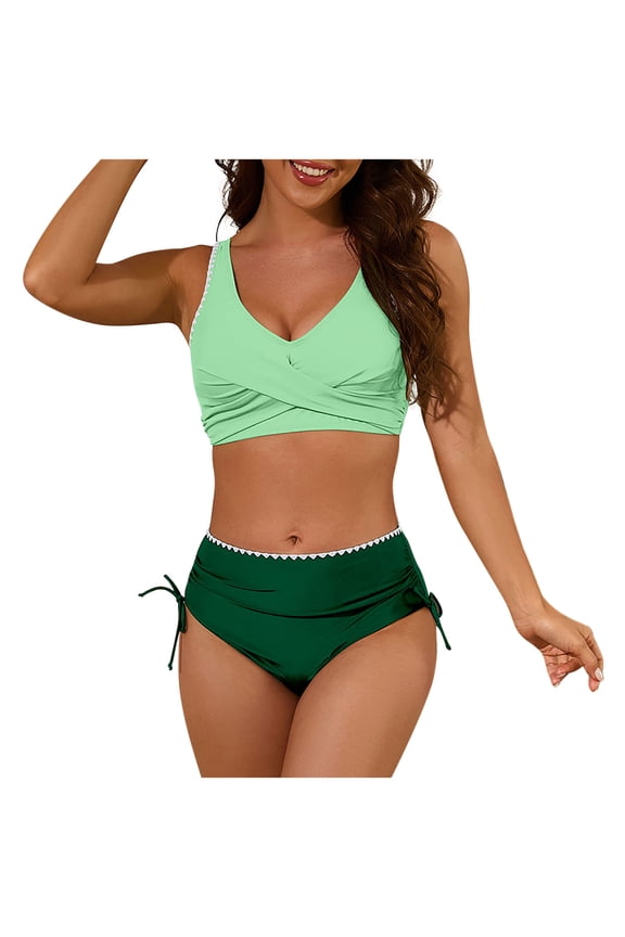 Women's Contrast Color Bikini Set, Deep V Cut Out Halter High Waisted Tummy Control Swimwear,Green,L