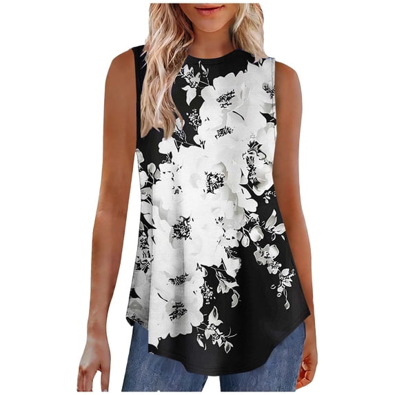 PrvdeBri Women's High Neck Loose Sleeveless Tank Top, Floral Printed Curved Hem Business Casual Summer Spring Tunic Top,Black,L