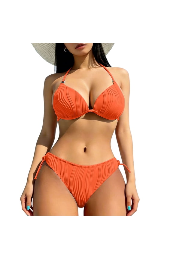 Women's Ribbed Color Block Bikini Set, Whip Stitch Halter Tie Side Cheeky Two Piece String Swimwear,Orange,L