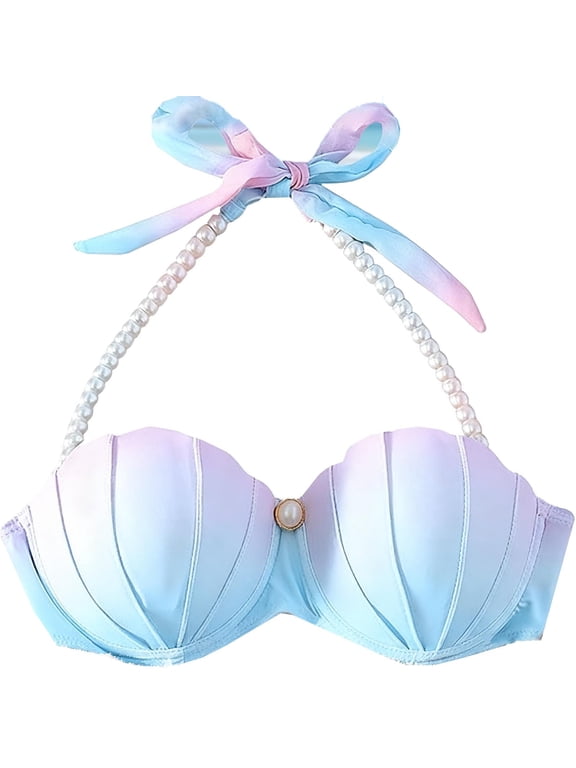 Women's Seashell Underwire Bikini Top, Push Up Strappy Adjustable Back Mermaid Swim Top,Light Blue,S