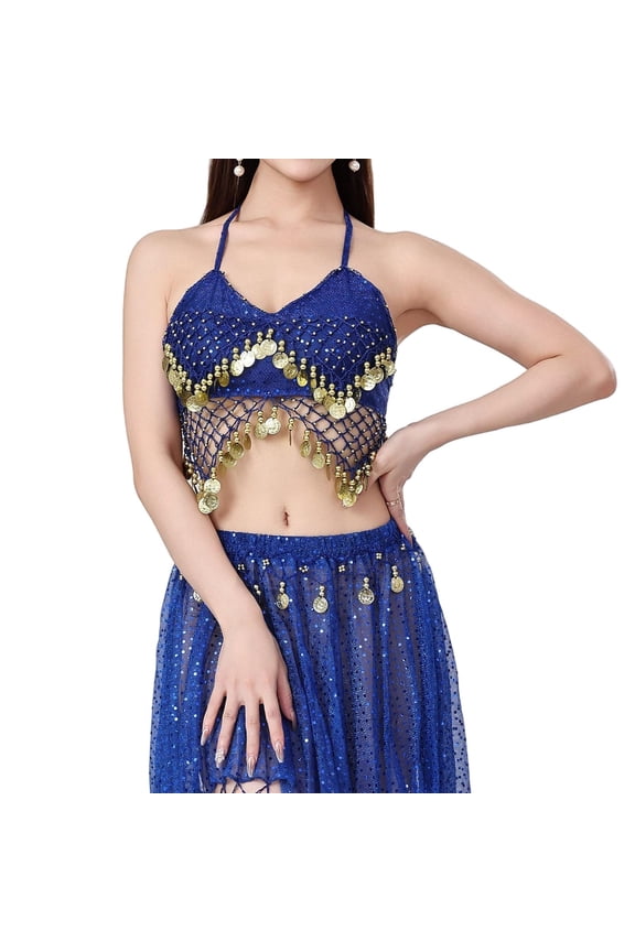 Women's Sequin Belly Dance Halter Bra Top, Gold Faux Coin Drapes Adjustable Tie Back Bandage Performance Costume with Chest Pad,Dark Blue,Free Size