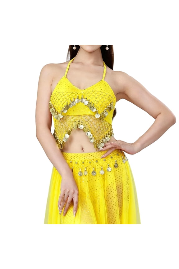 Women's Sequin Belly Dance Halter Bra Top, Gold Faux Coin Drapes Adjustable Tie Back Bandage Performance Costume with Chest Pad,Yellow,Free Size