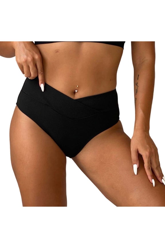 Women's Tummy Control High Waisted Bikini Bottoms, Full Ruched Full Coverage Slimming Stretch Quick Dry Swim Briefs,Black,L