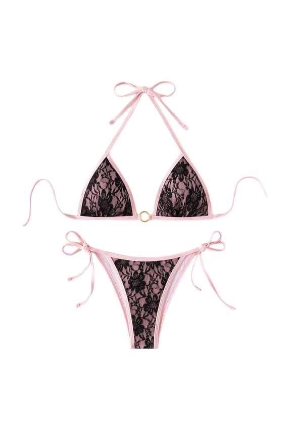 Women's Y2K Color Block Bikini Set, Halter Bow Front Triangle High Cut Tie Side Two Piece Swimwear,Pink,M