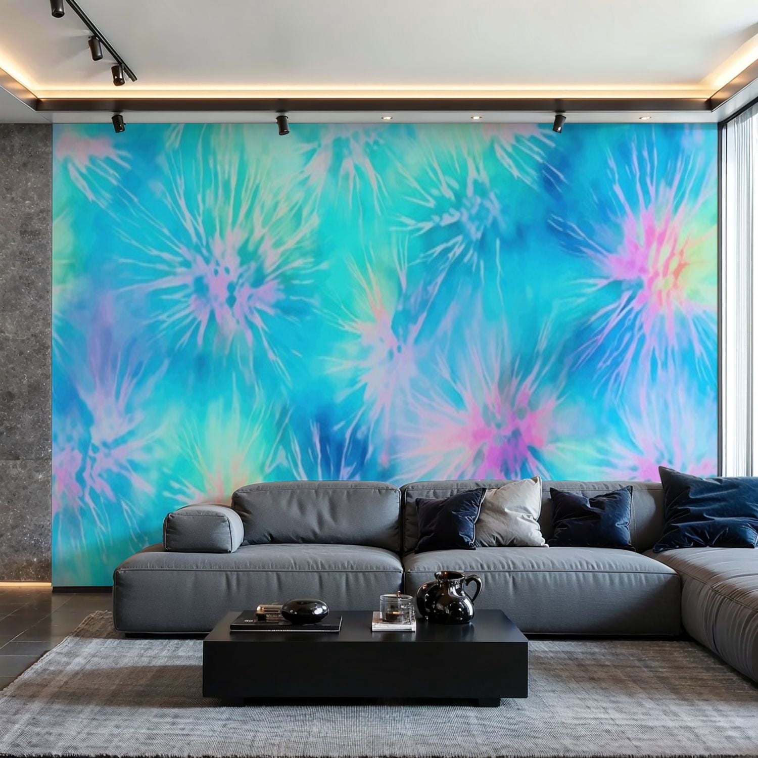 Prxcm Canvas Wall Mural Peel and Stick Large Wallpaper Blue pink yellow ...