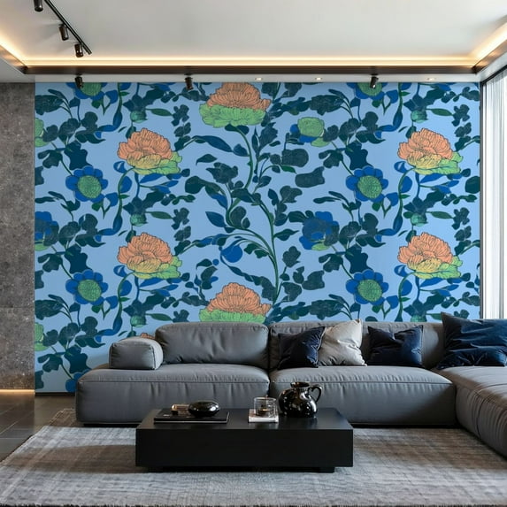 Prxcm Canvas Wall Mural Peel and Stick Large Wallpaper Japanese Curl Flower Bouquet Motif Seamless Wall Art Decor for Living Room Bathroom Self Adhesive and Removable 100" x 144"