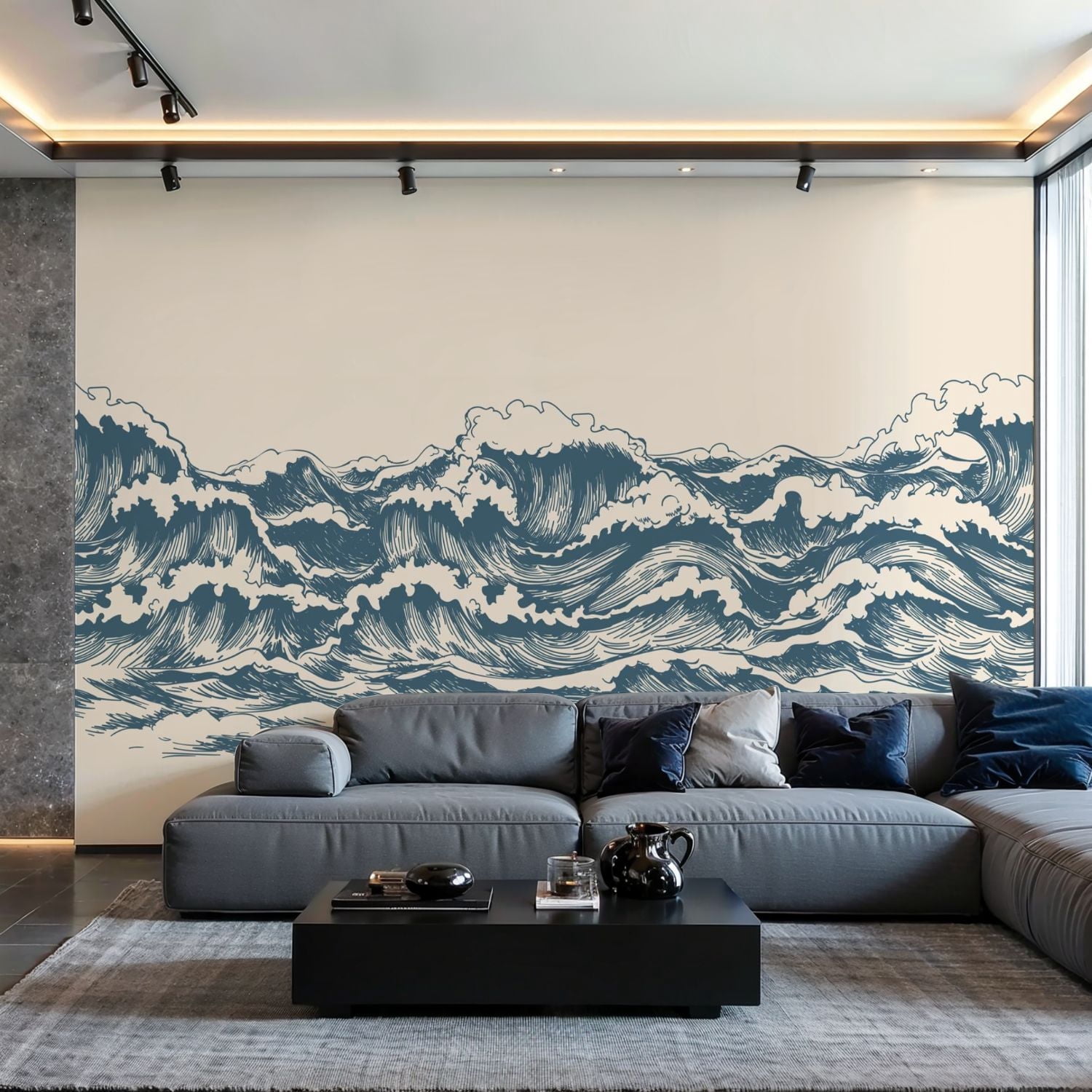 Prxcm Canvas Wall Mural Peel and Stick Large Wallpaper Sea waves sketch ...