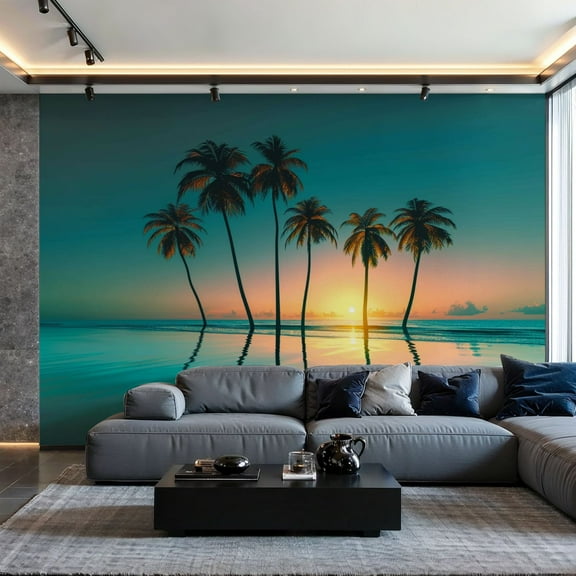 Prxcm Canvas Wall Mural Peel and Stick Large Wallpaper tropical sunset turquoise Wall Art Decor for Living Room Bathroom Self Adhesive and Removable 100in x 144in