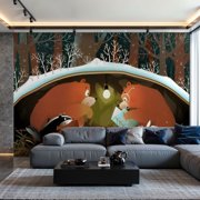 Prxcm Peel And Stick Canvas Wallpaper Bear Reading Story Book To Friends Animals Bunny Badger Raccoon Forest Art Wall Mural Decor Self Adhesive And Removable 69"X98"